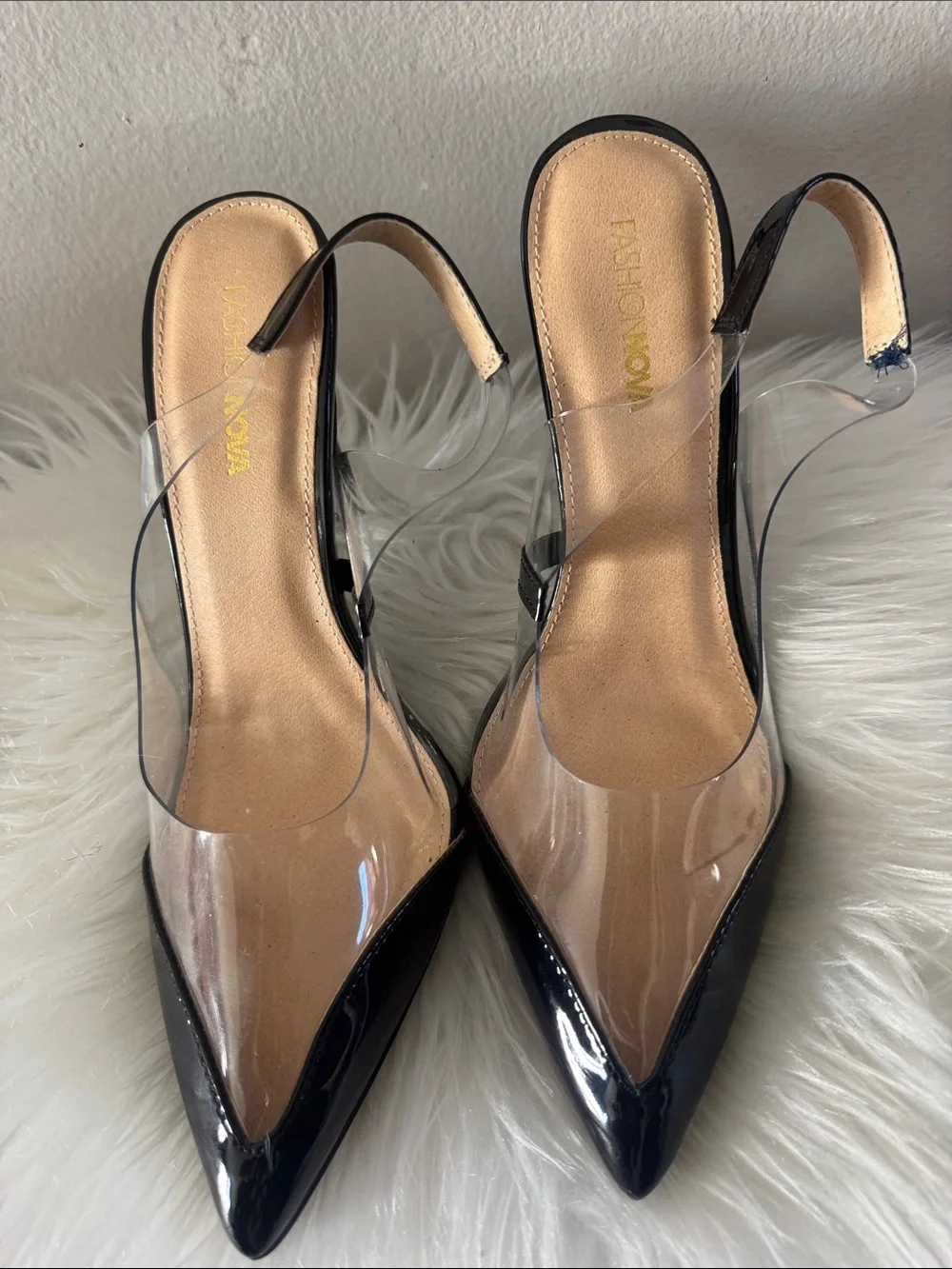 Fashion Nova Black Patent Pointed Slingback Heels with Clear PVC
